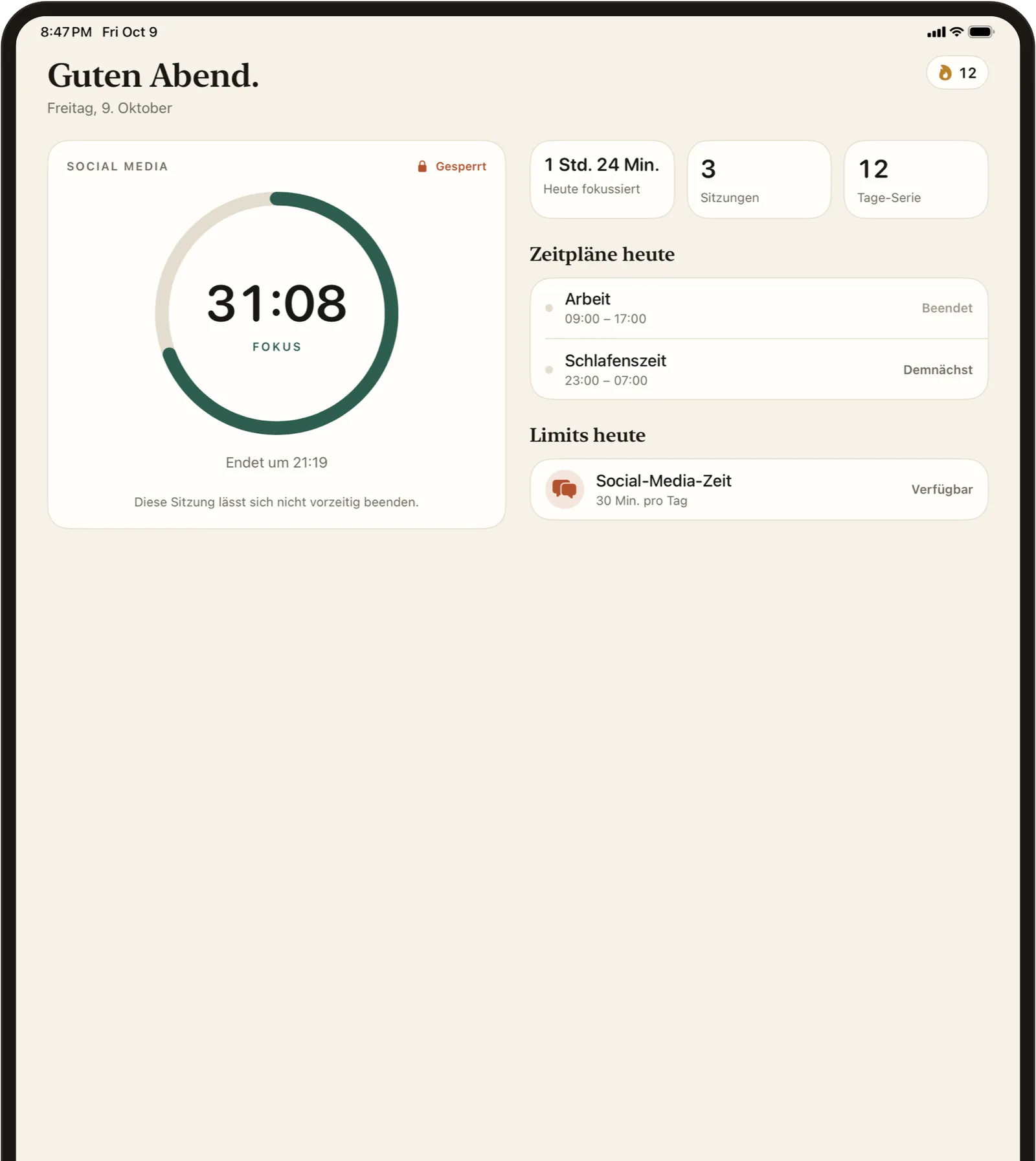 Stillock auf dem iPad mit Fokus-Timer sowie den heutigen Zeitplänen und Limits nebeneinander.