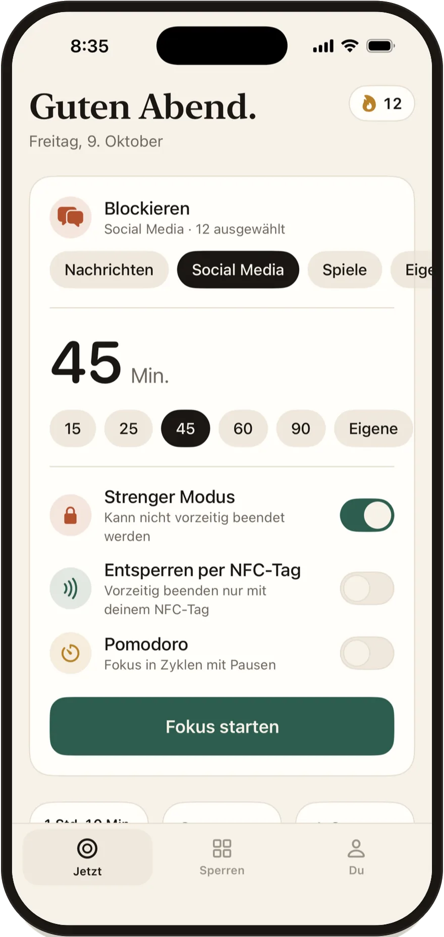 Stillock-Startbildschirm mit Schaltern für strengen Modus, „Mit Tag entsperren“ und Pomodoro.