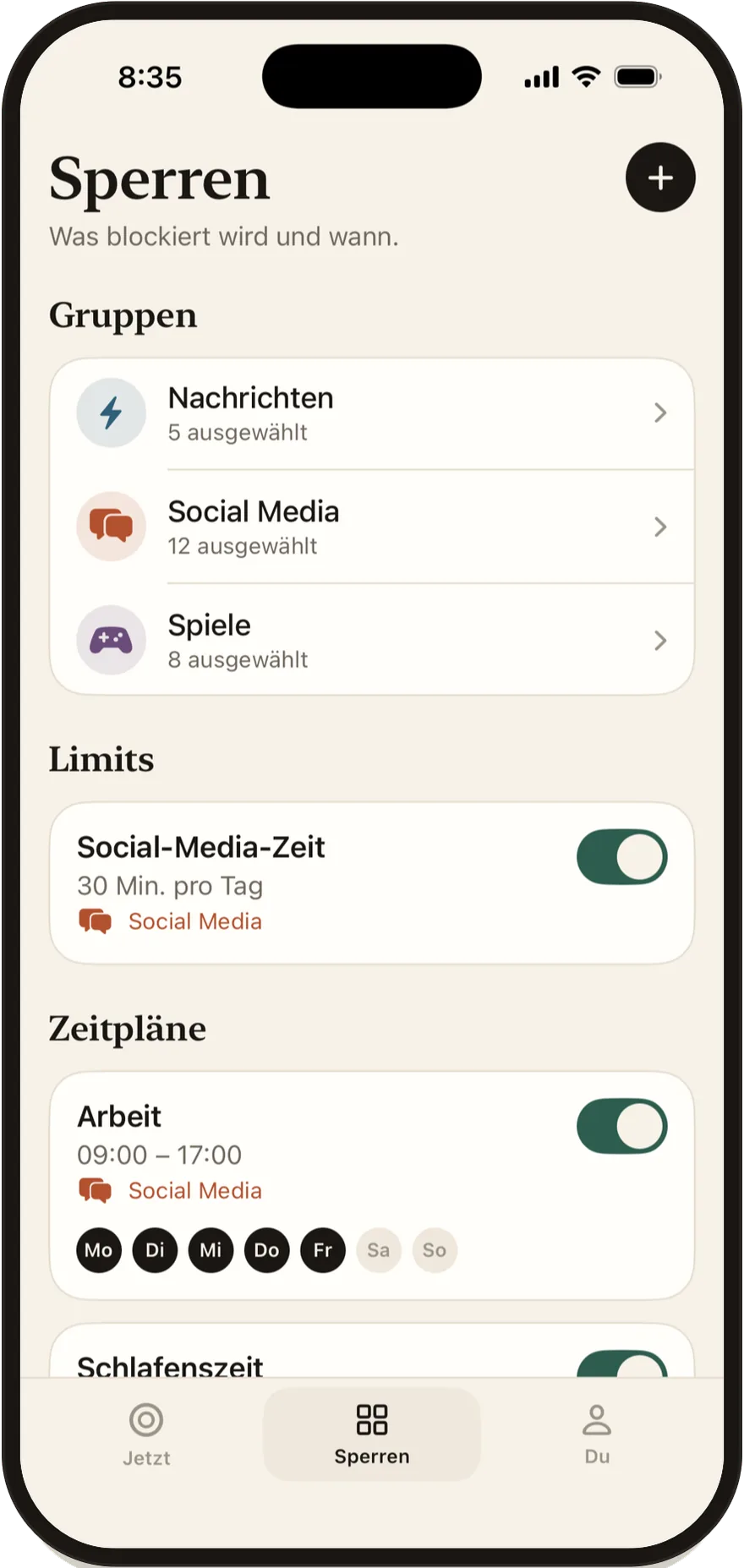Stillock-Bildschirm „Sperren“ mit einer Liste von Gruppen, Limits und Zeitplänen.
