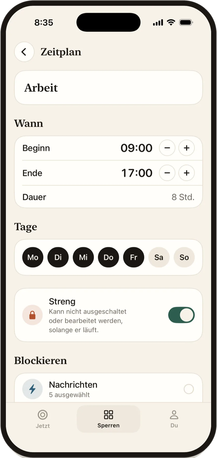 Stillock-Zeitplaneditor mit Start- und Endzeit sowie Wochentagen.