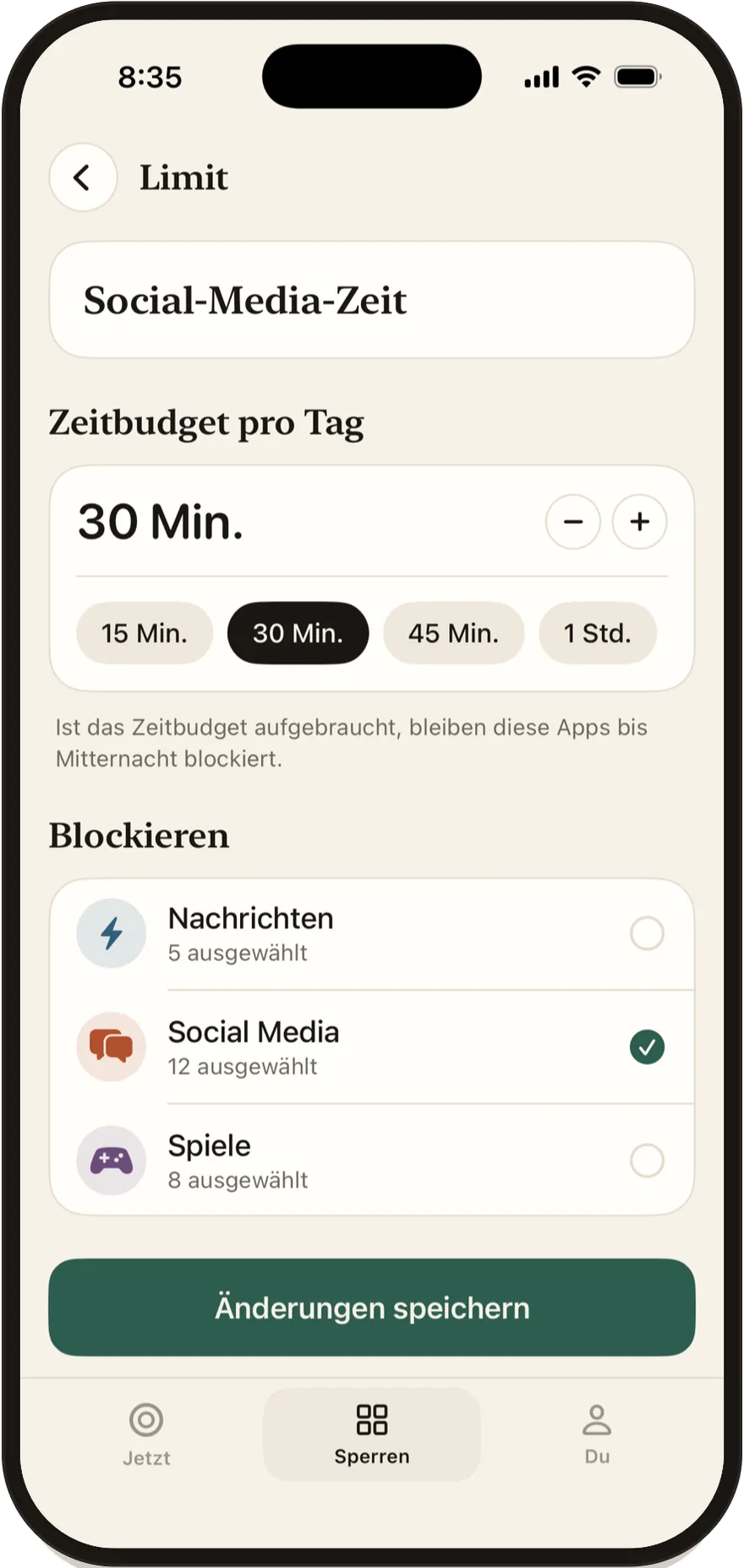 Stillock-Editor für Tageslimits, eingestellt auf 30 Minuten.
