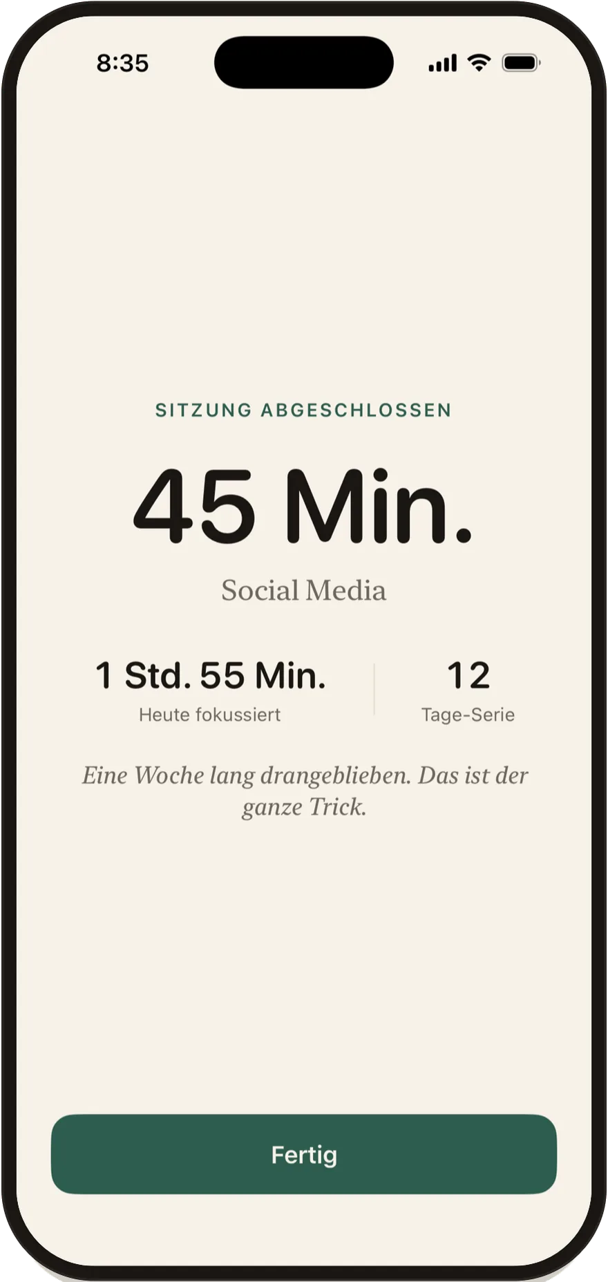 Stillock-Abschlussbildschirm einer 45-minütigen Sitzung.
