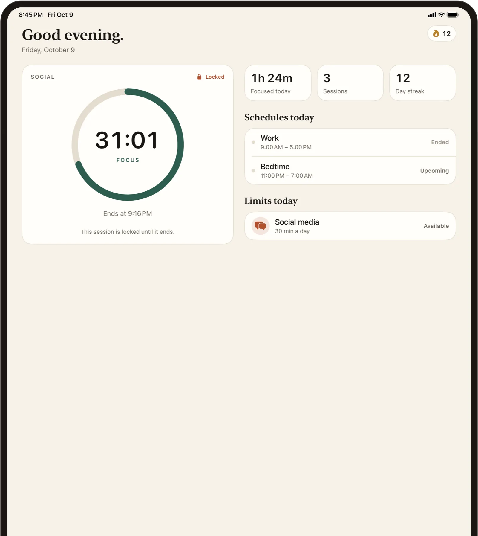 Stillock on iPad with the focus timer, today's schedules and limits side by side.