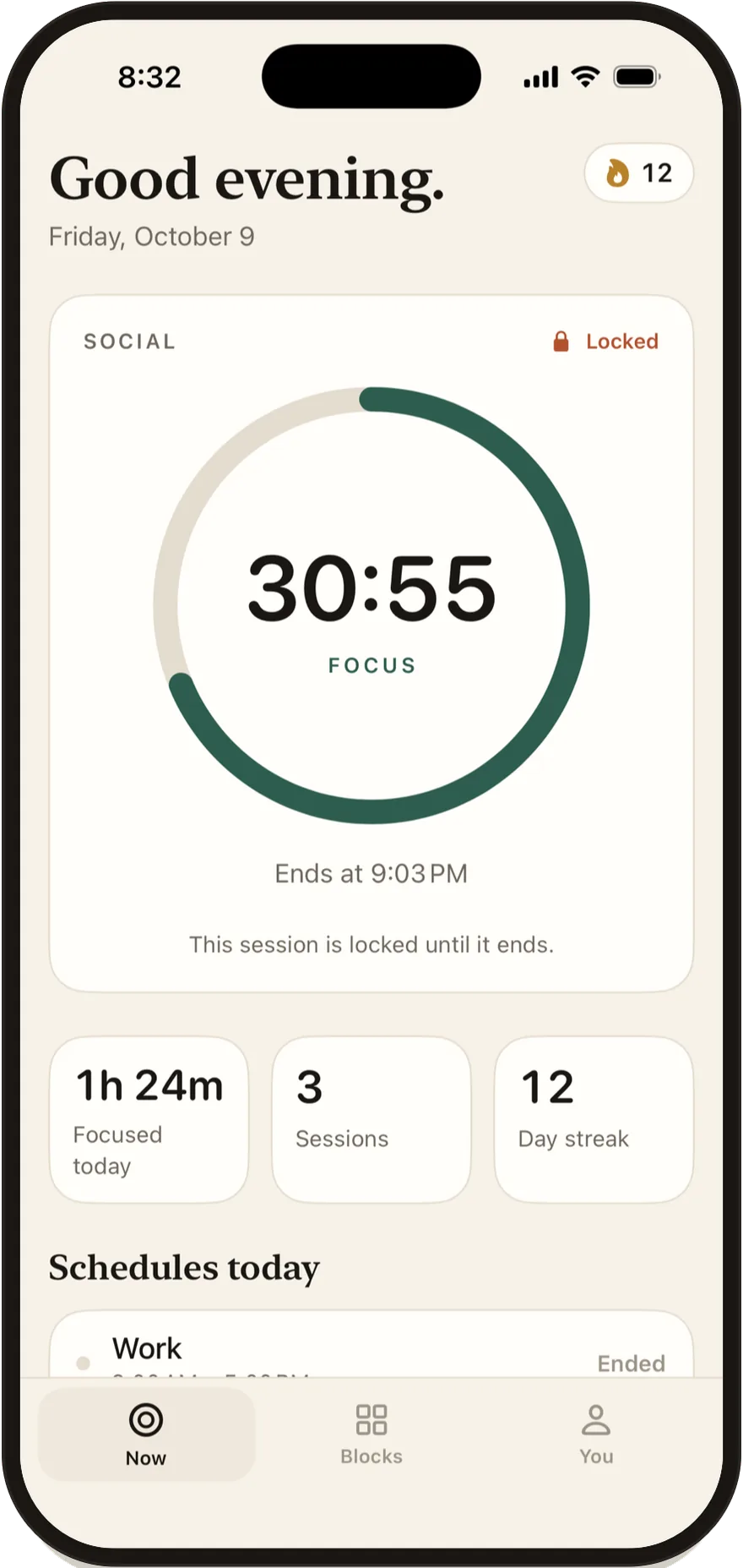 Stillock on iPhone: a focus session with 30 minutes left, the social apps locked.