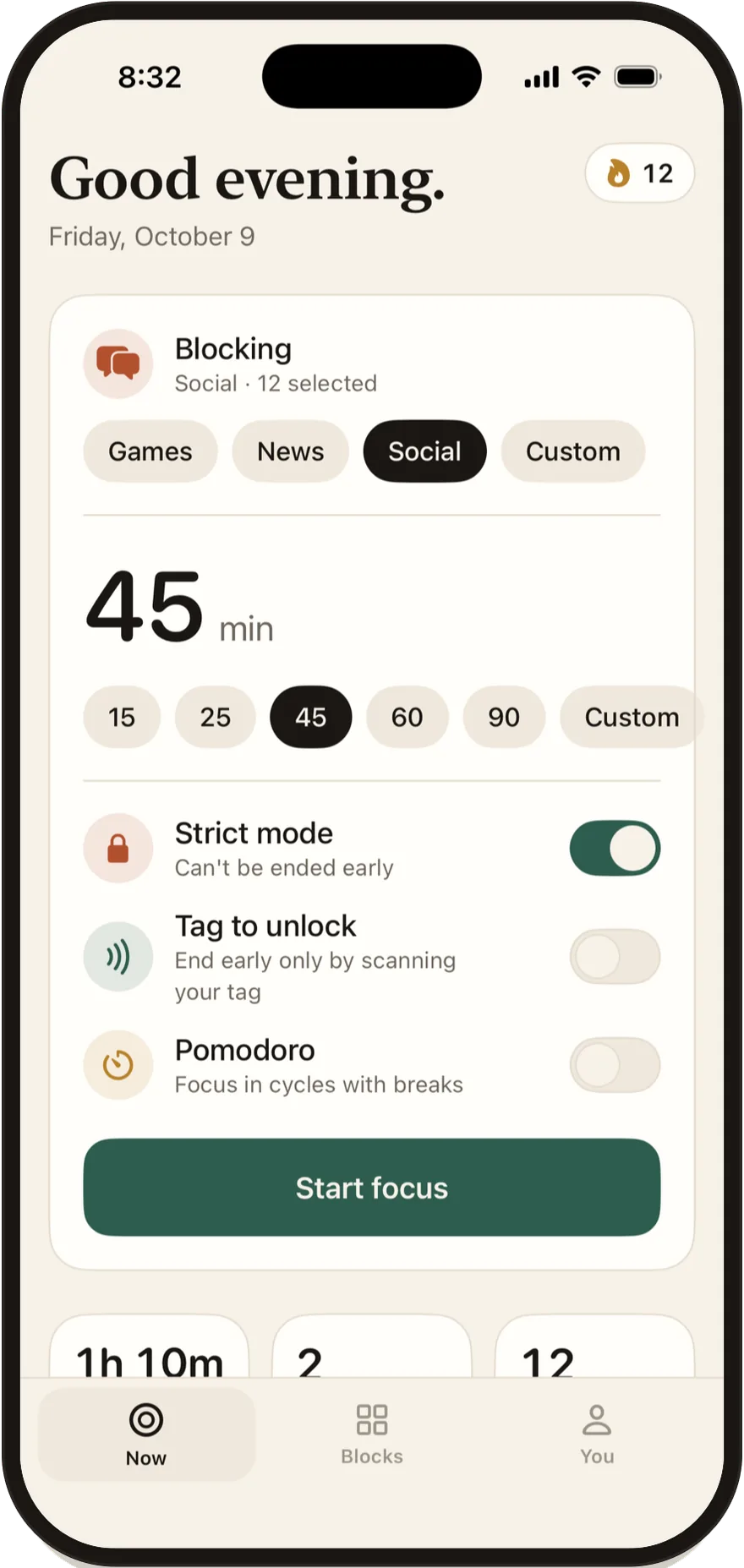 Stillock start screen with strict mode, Tag to unlock and Pomodoro switches.