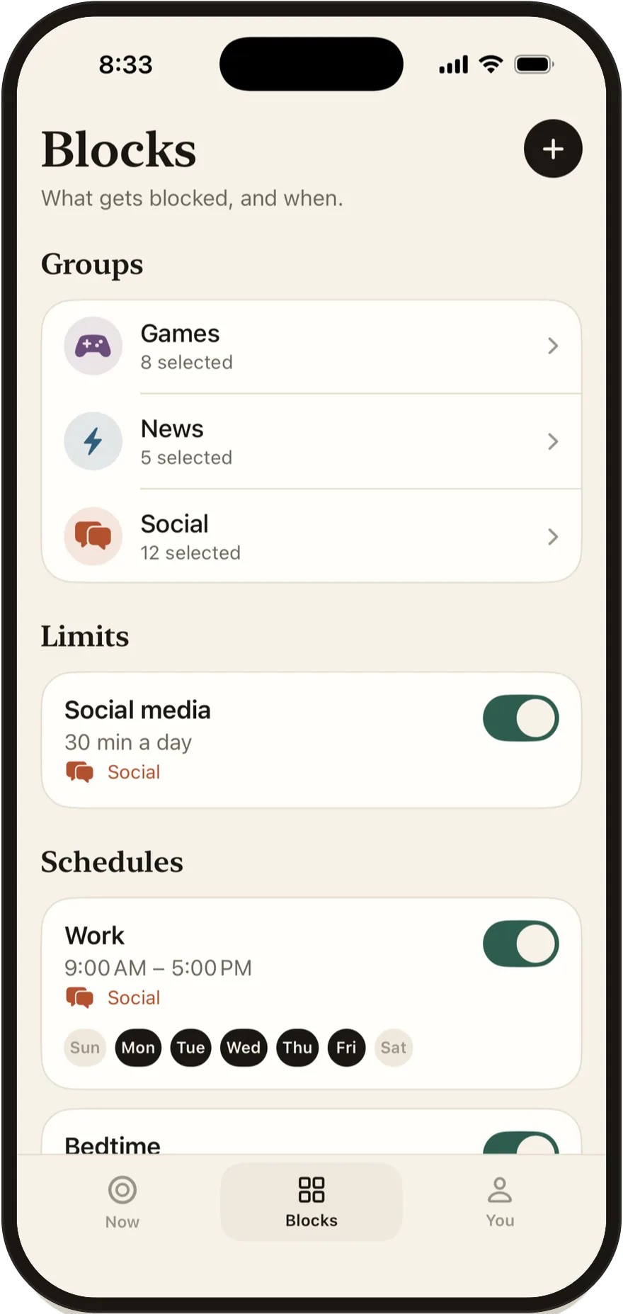 Stillock Blocks screen listing groups, limits and schedules.