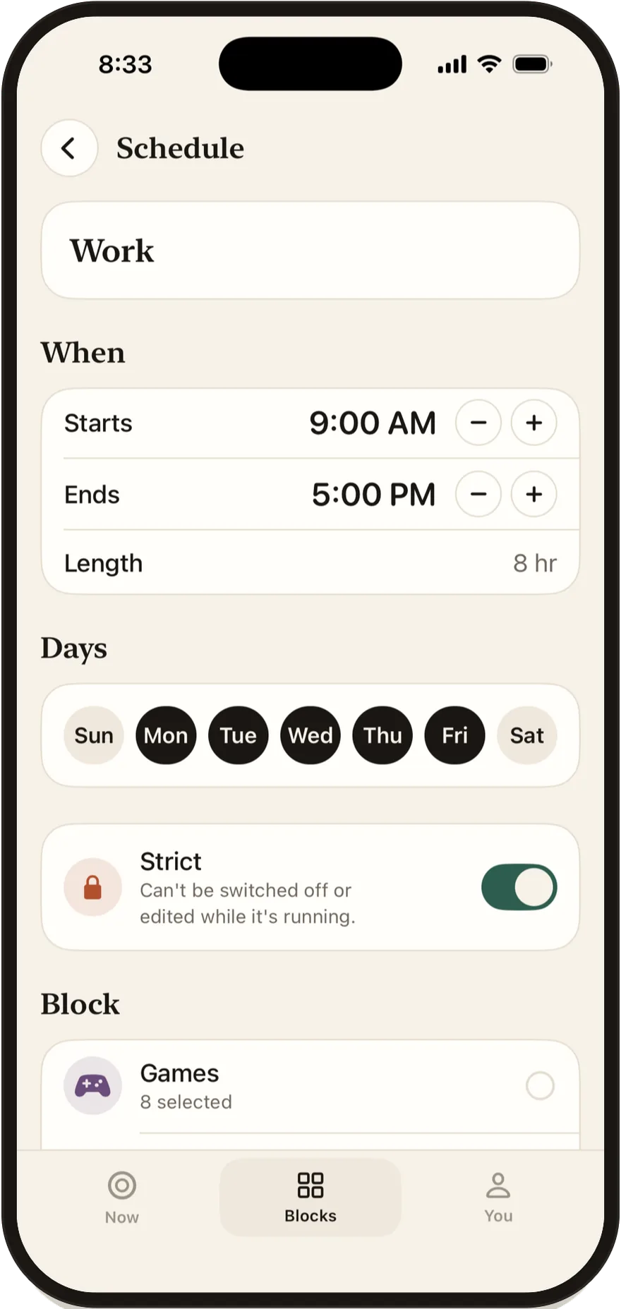 Stillock schedule editor with start and end times and days of the week.