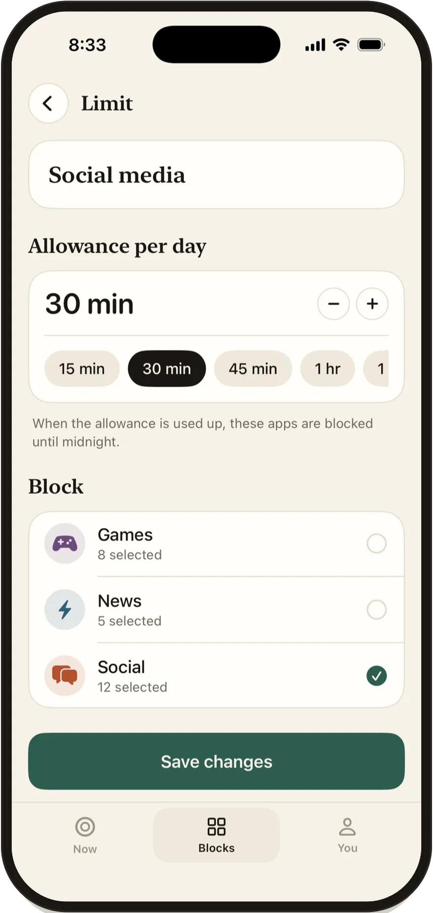 Stillock daily limit editor set to 30 minutes.