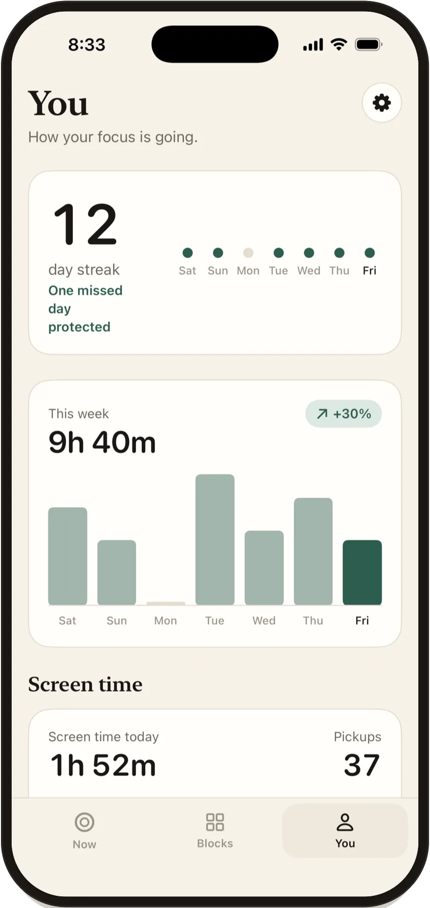 Stillock You screen with a 12-day streak and a weekly focus chart.