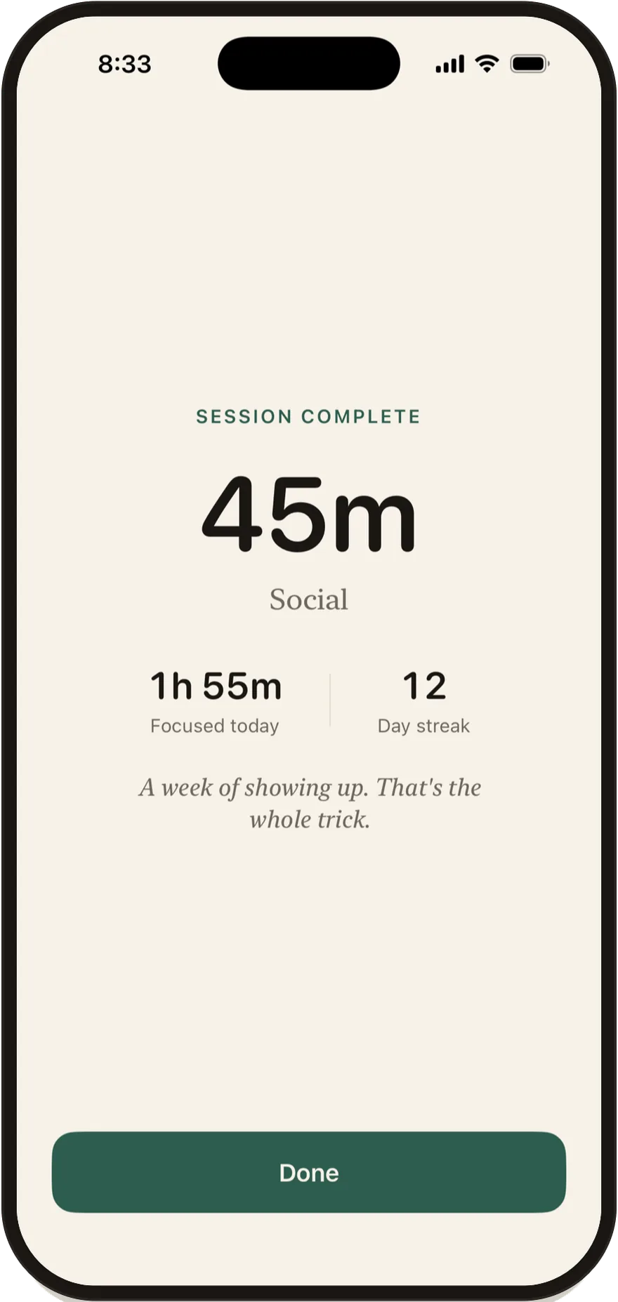 Stillock session complete screen showing a 45-minute session.