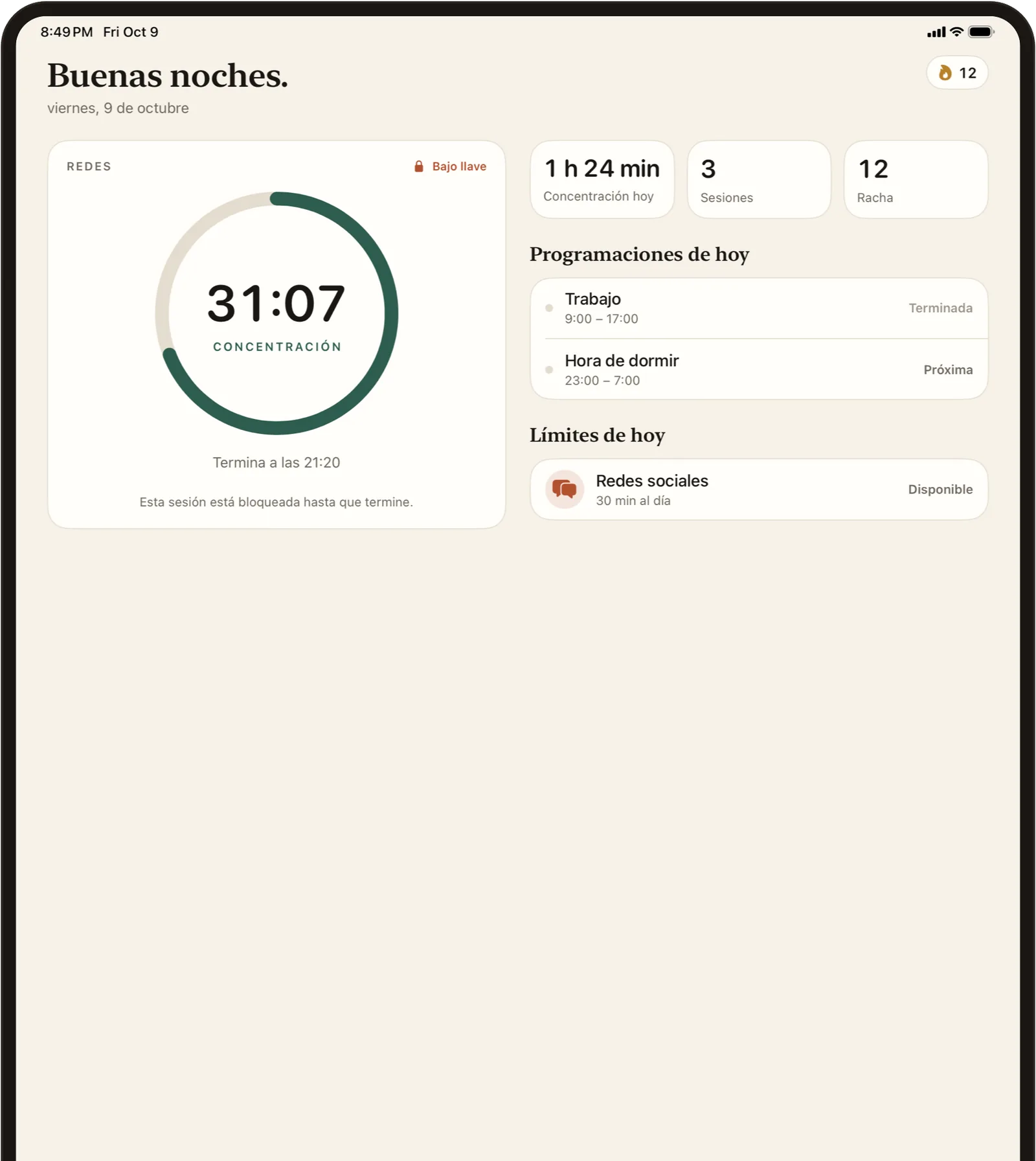 Stillock en el iPad con el temporizador de concentración, los horarios de hoy y los límites uno al lado del otro.