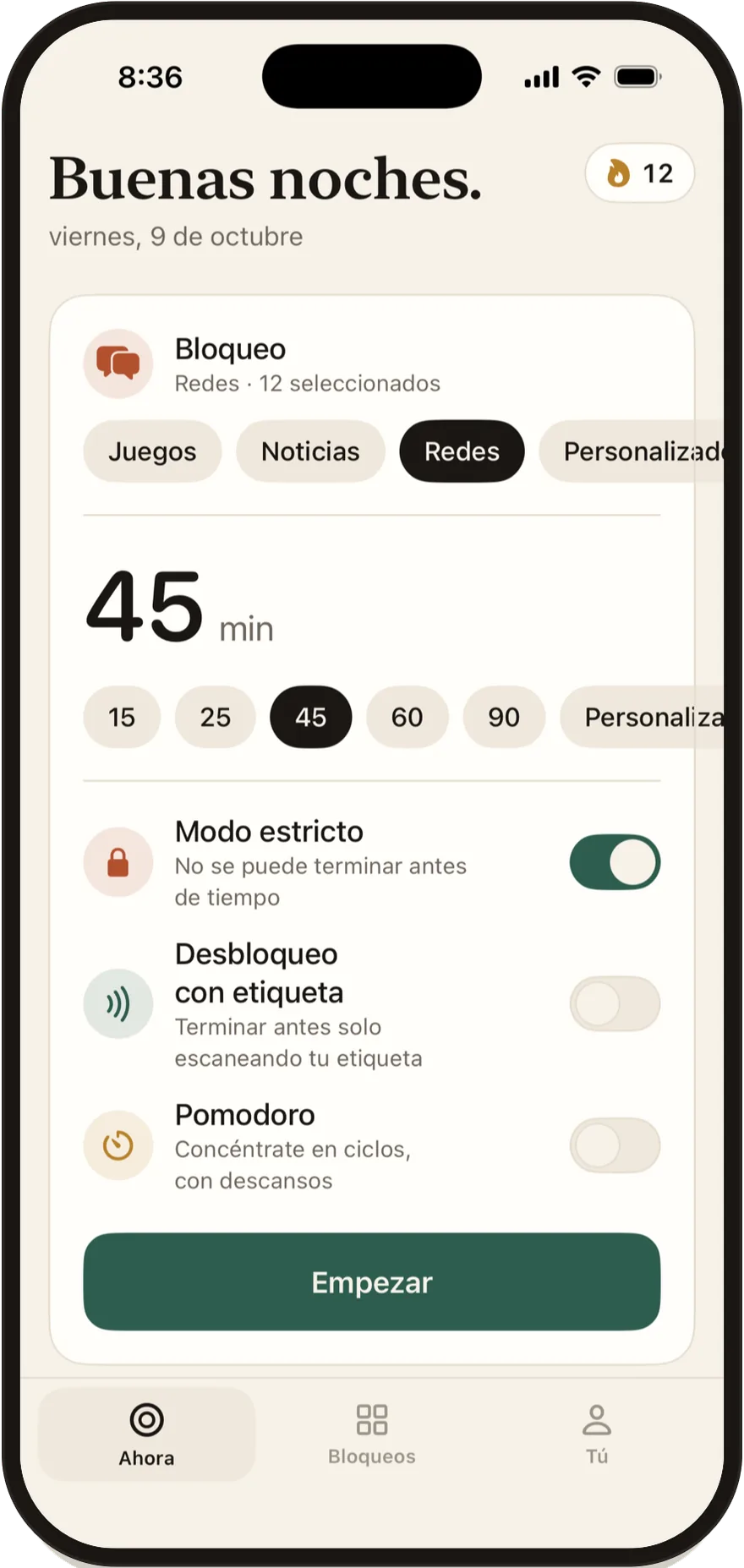 Pantalla de inicio de sesión de Stillock con los interruptores de modo estricto, Desbloqueo con etiqueta y Pomodoro.