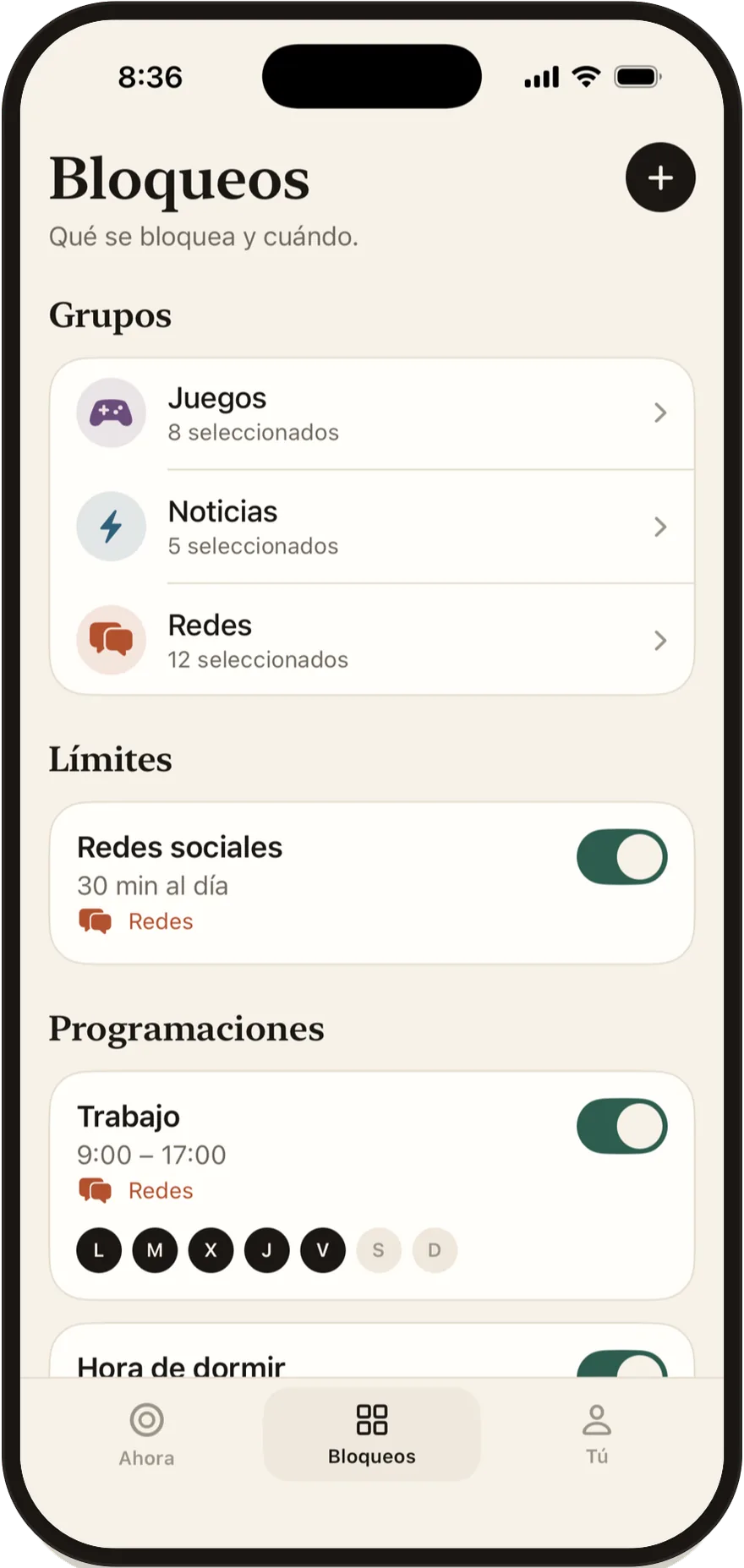 Pantalla Bloqueos de Stillock con la lista de grupos, límites y horarios.
