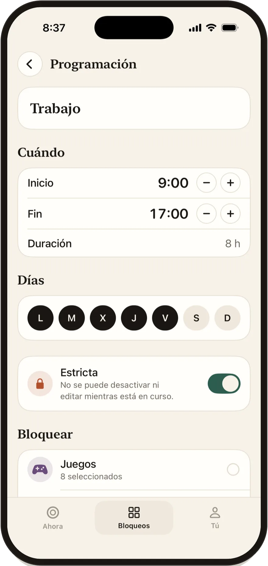 Editor de horarios de Stillock con hora de inicio, hora de fin y días de la semana.