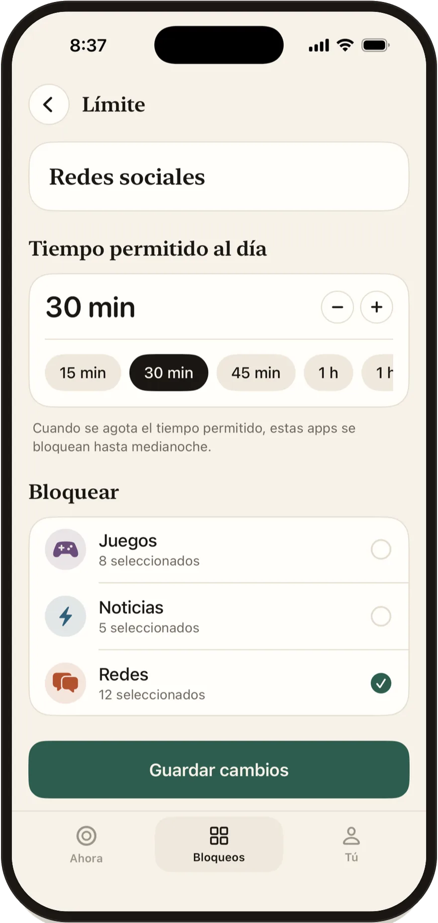 Editor de límite diario de Stillock configurado en 30 minutos.