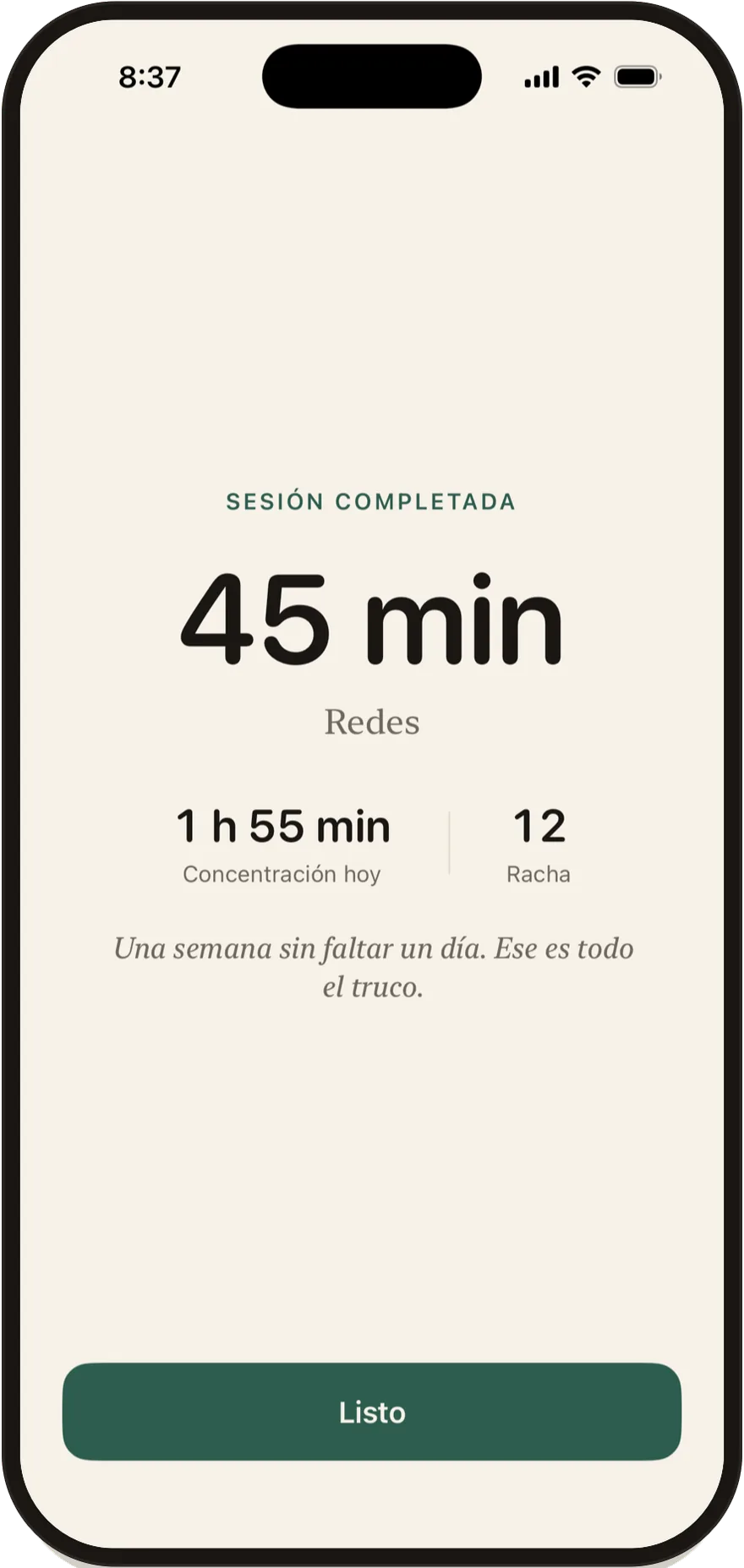 Pantalla de sesión completada de Stillock con una sesión de 45 minutos.