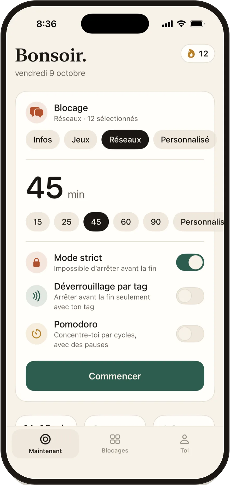 Écran de démarrage de Stillock avec les commutateurs Mode strict, Déverrouillage par tag et Pomodoro.