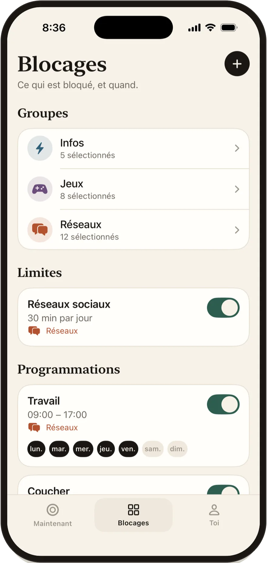 Écran Blocages de Stillock listant les groupes, les limites et les plannings.