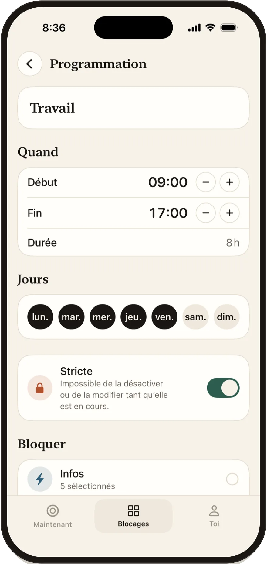 Éditeur de planning de Stillock avec les heures de début et de fin et les jours de la semaine.