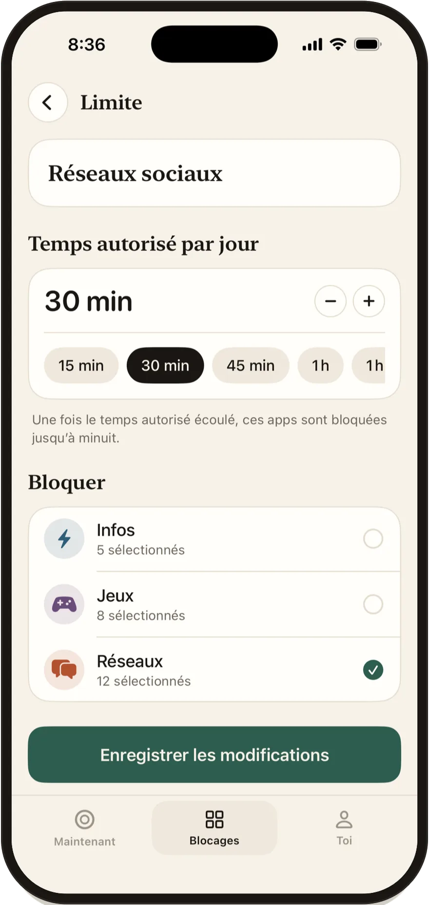 Éditeur de limite quotidienne de Stillock réglé sur 30 minutes.