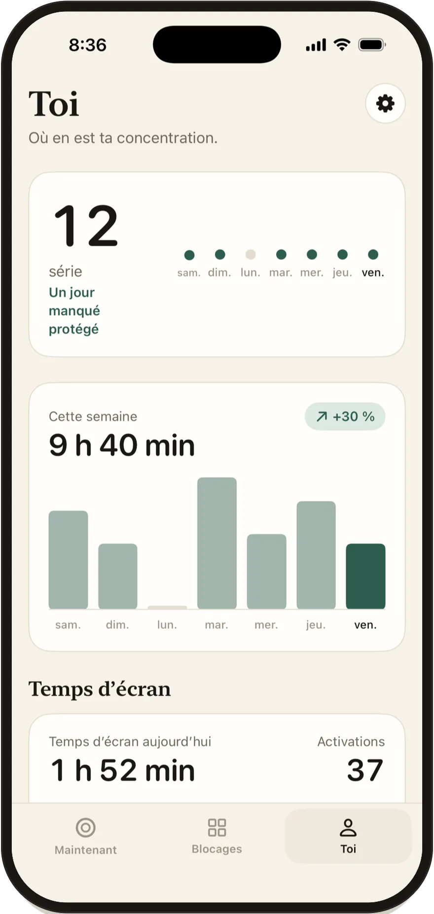 Écran Vous de Stillock avec une série de 12 jours et un graphique hebdomadaire de concentration.