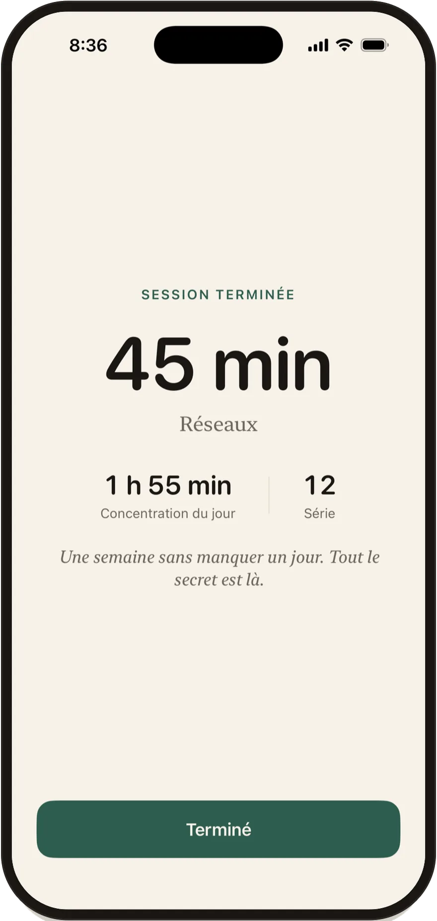 Écran de fin de session de Stillock affichant une session de 45 minutes.