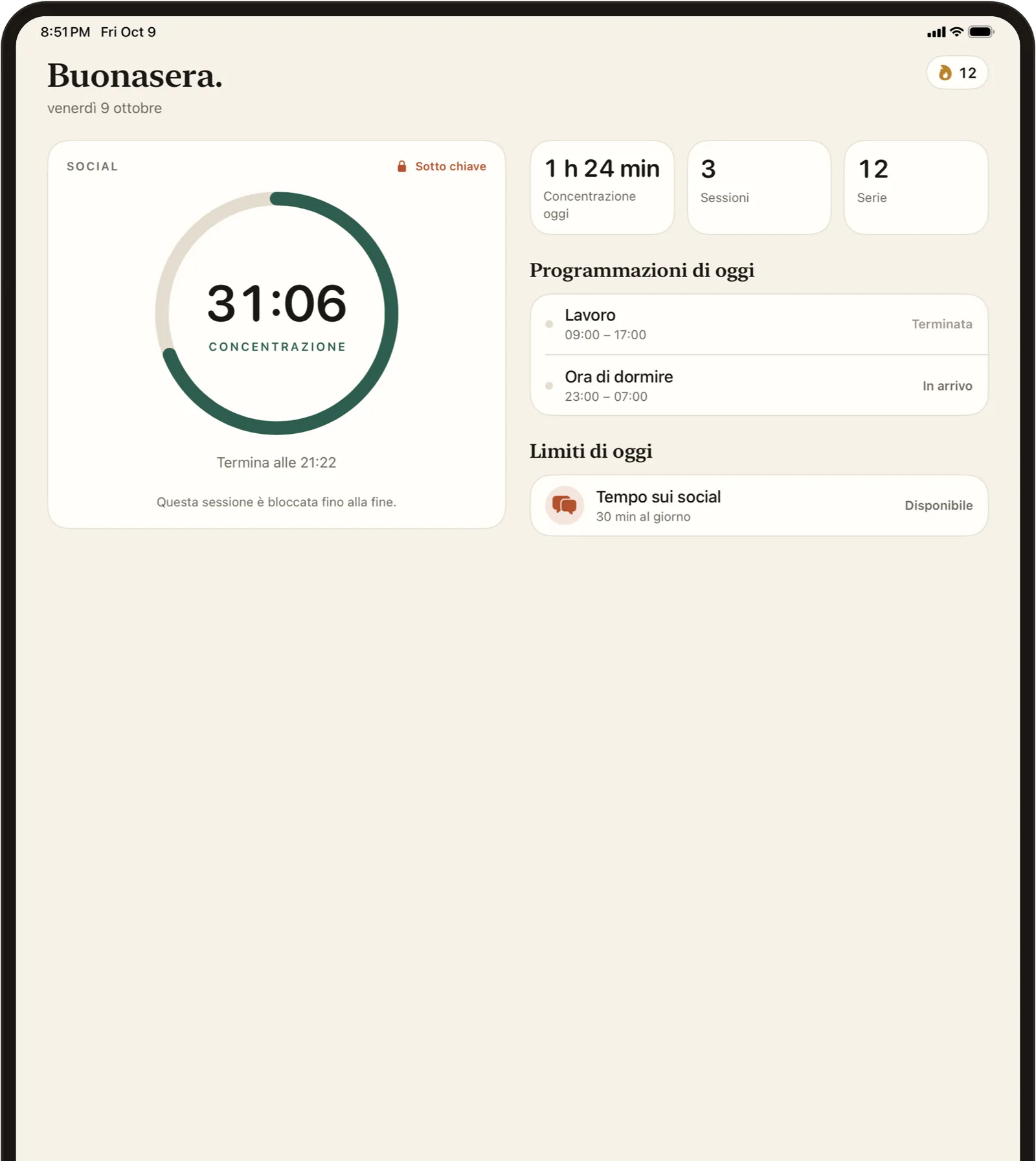 Stillock su iPad con il timer di concentrazione, le programmazioni e i limiti di oggi fianco a fianco.