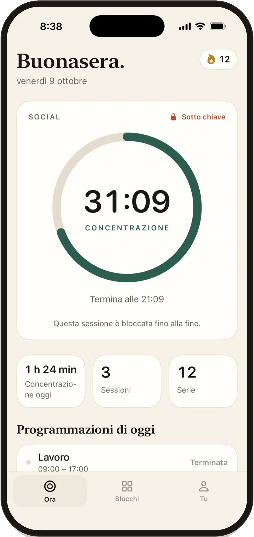 Stillock su iPhone: una sessione di concentrazione con 30 minuti rimanenti e le app social bloccate.