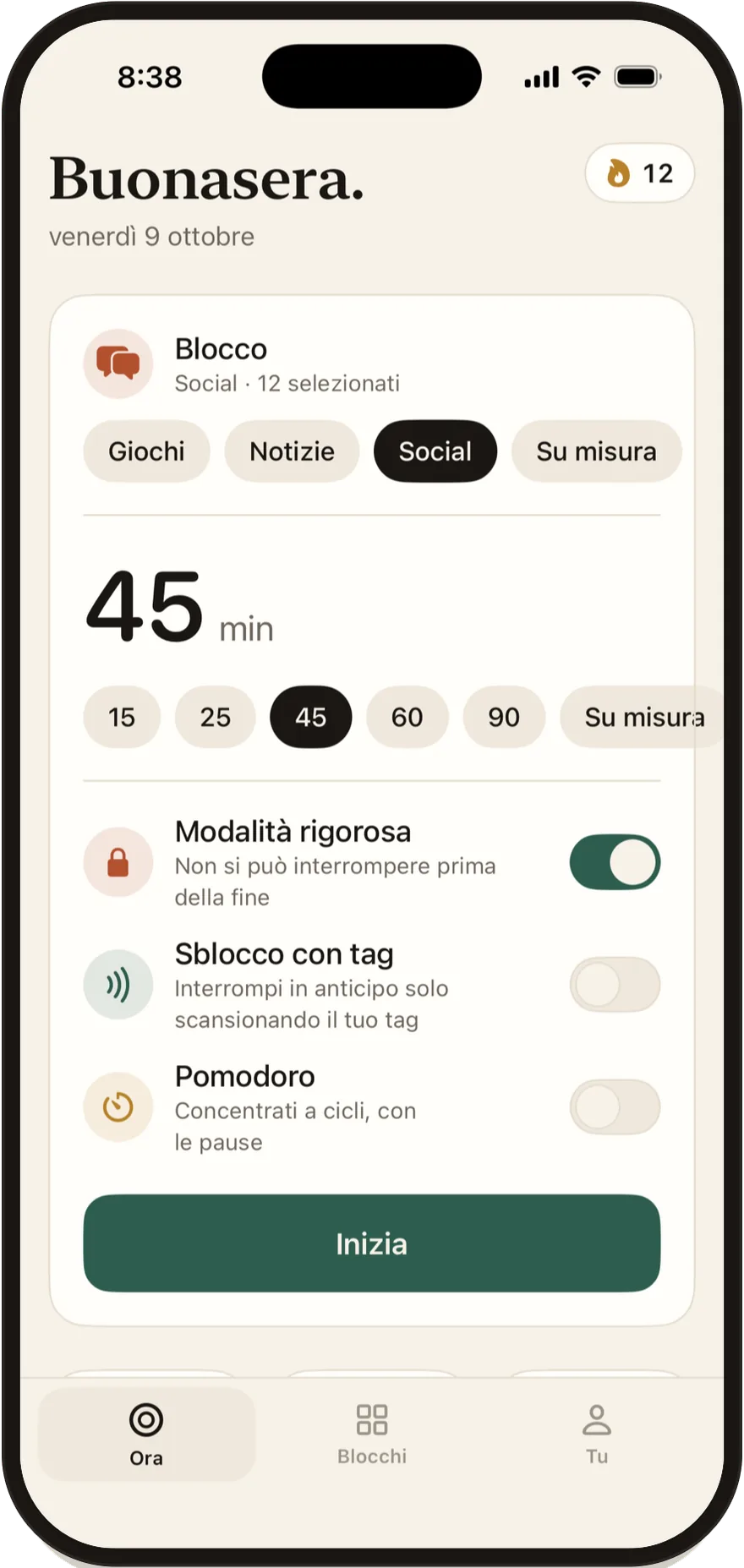 Schermata di avvio di Stillock con gli interruttori per modalità rigorosa, Sblocco con tag e Pomodoro.