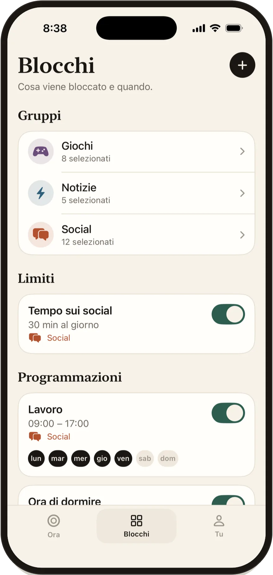 Schermata Blocchi di Stillock con l’elenco di gruppi, limiti e programmazioni.
