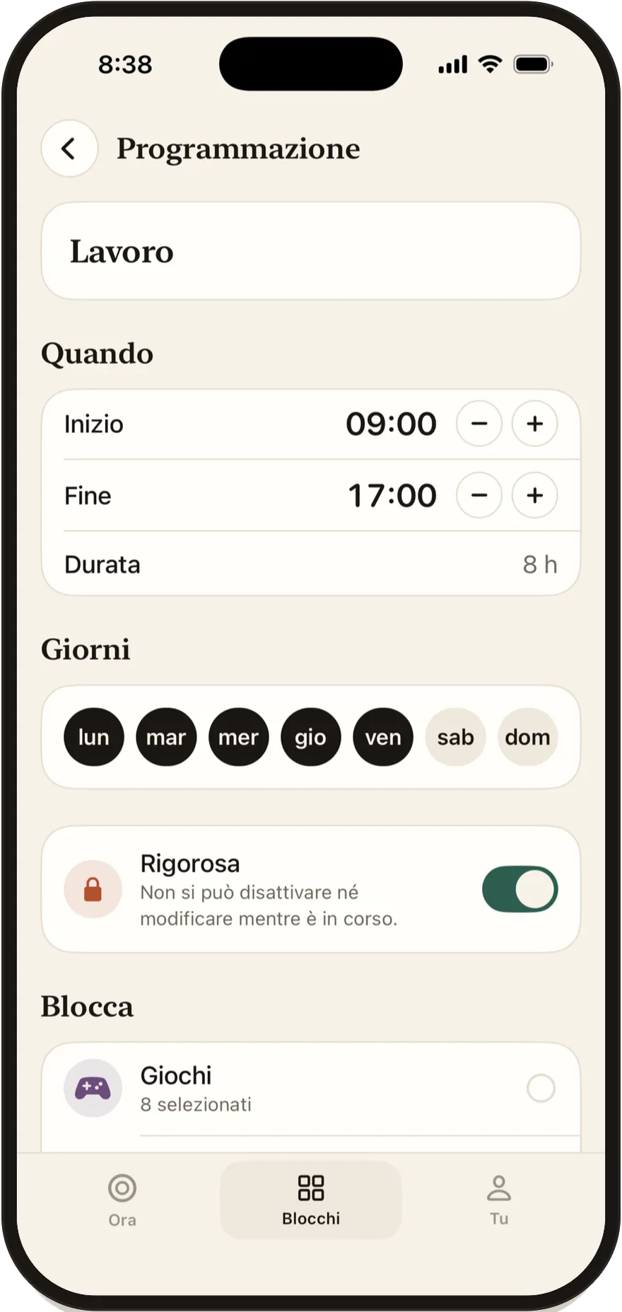 Editor delle programmazioni di Stillock con orario di inizio e di fine e giorni della settimana.