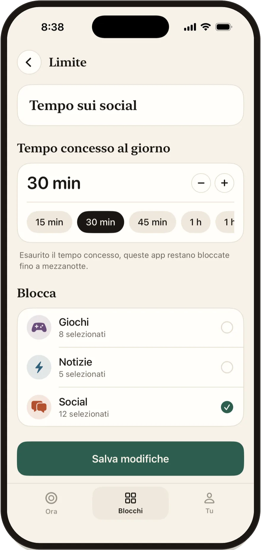 Editor del limite giornaliero di Stillock impostato su 30 minuti.