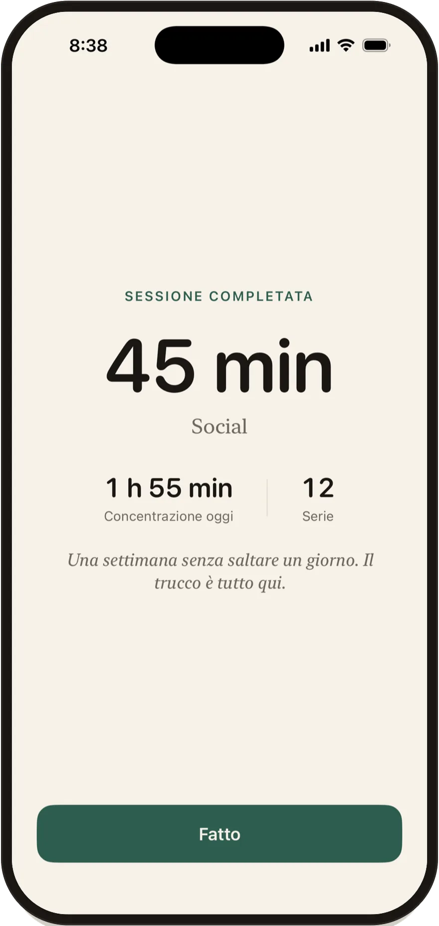 Schermata di sessione completata di Stillock con una sessione di 45 minuti.