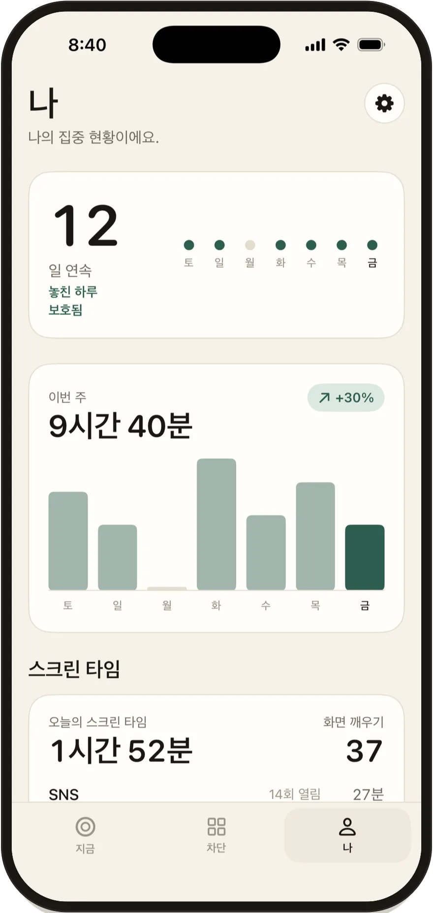 12일 연속 기록과 주간 집중 차트가 표시된 Stillock 나 화면.