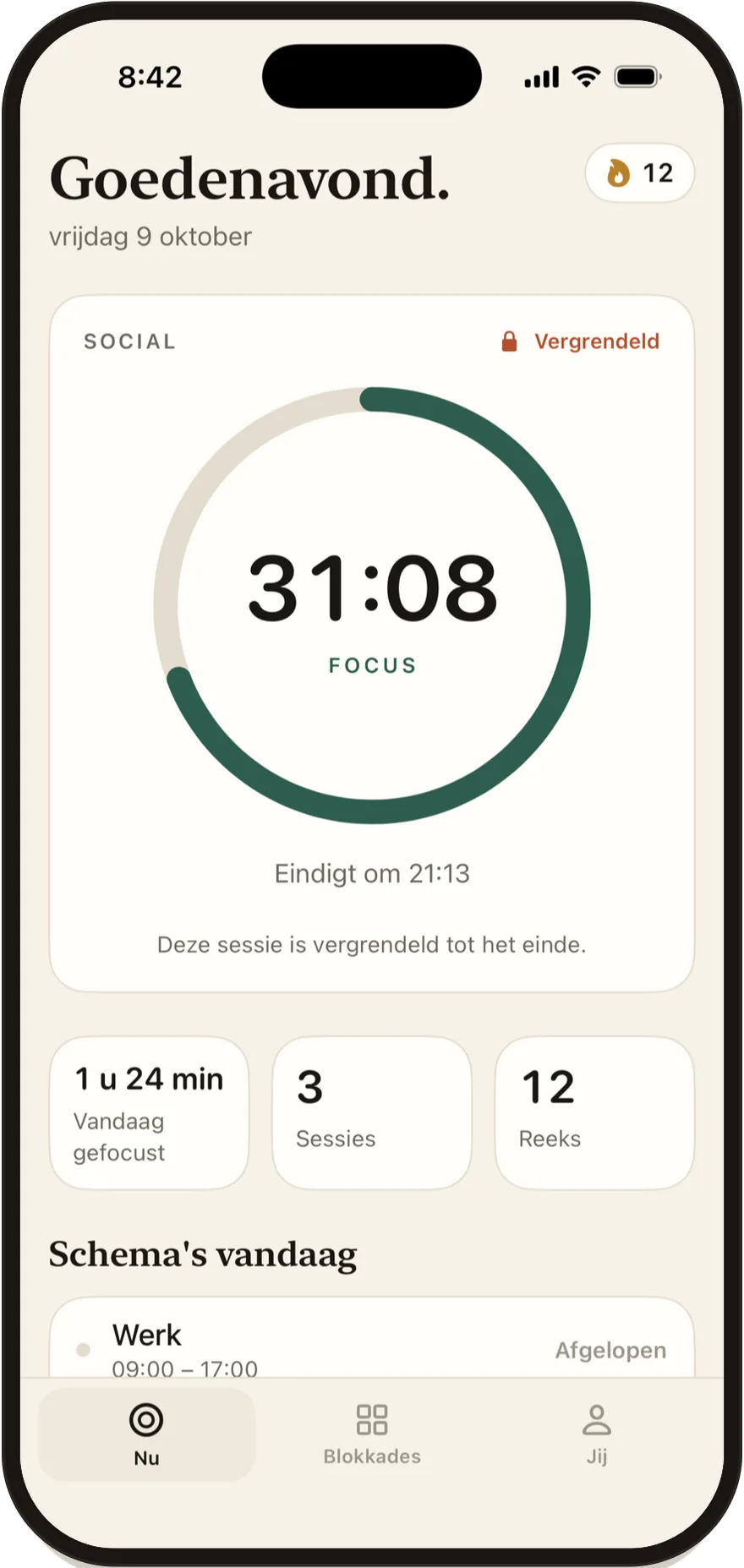 Stillock op iPhone: een focussessie met nog 30 minuten te gaan, de sociale apps geblokkeerd.