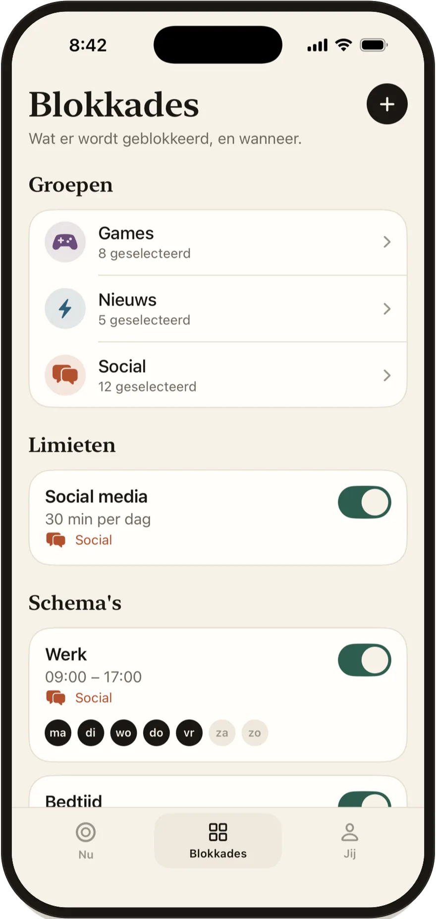 Het Blokkades-scherm van Stillock met een lijst van groepen, limieten en schema's.