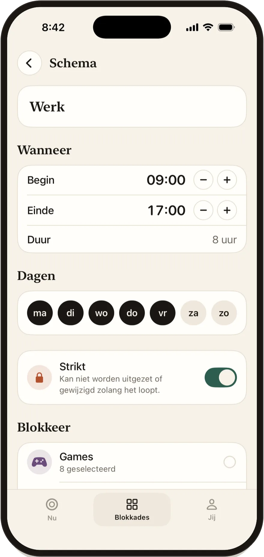De schema-editor van Stillock met begin- en eindtijden en dagen van de week.