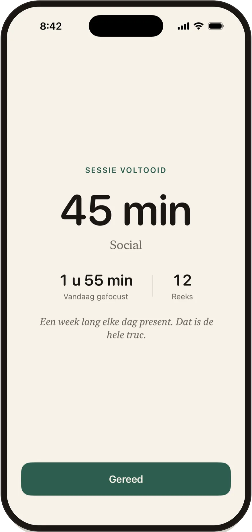 Het scherm Sessie voltooid van Stillock met een sessie van 45 minuten.