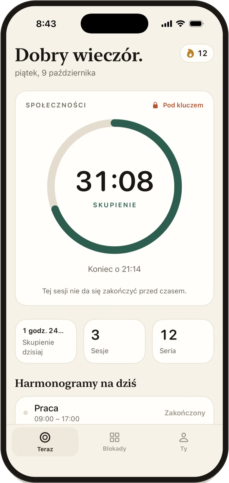 Stillock na iPhonie: sesja skupienia, do końca 30 minut, aplikacje społecznościowe zablokowane.