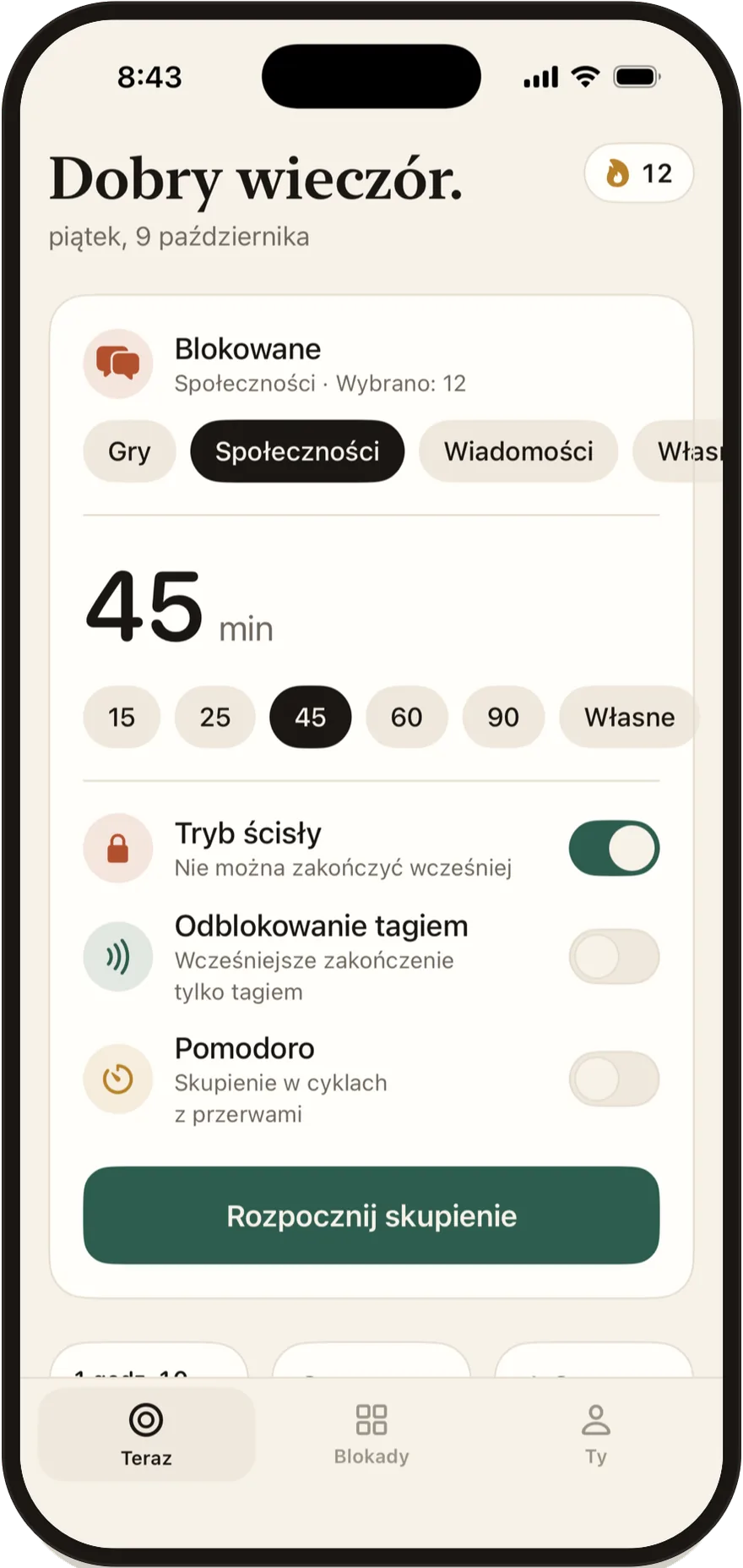 Ekran startowy Stillock z przełącznikami: tryb ścisły, „Odblokowanie tagiem” i Pomodoro.
