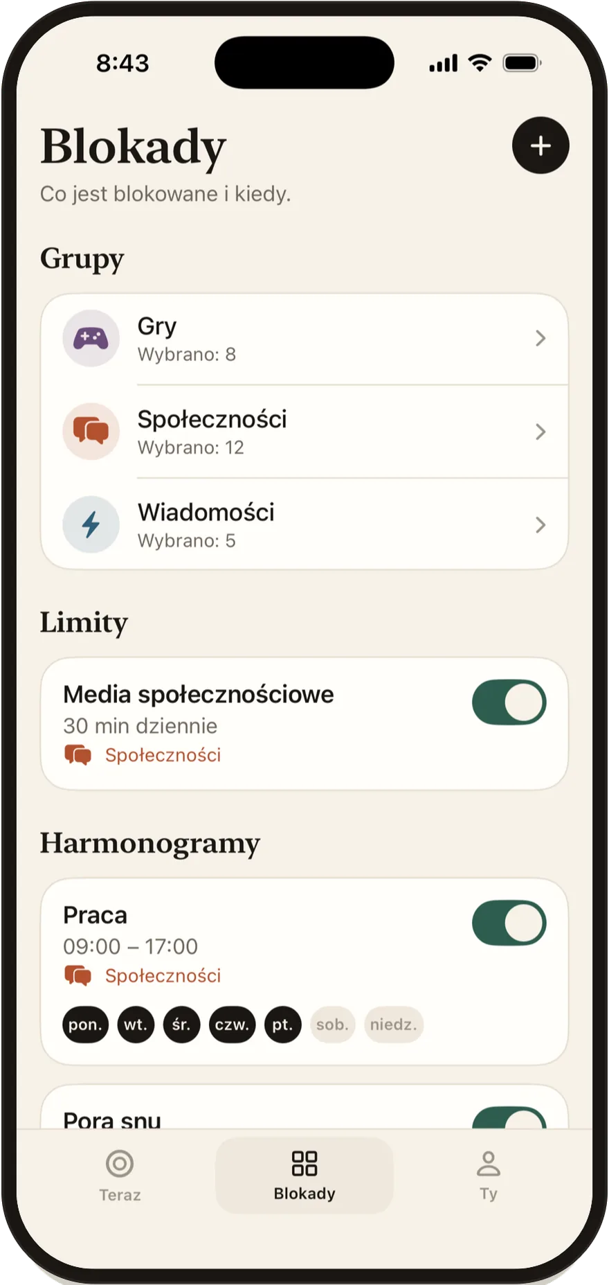 Ekran „Blokady” w Stillock z listą grup, limitów i harmonogramów.