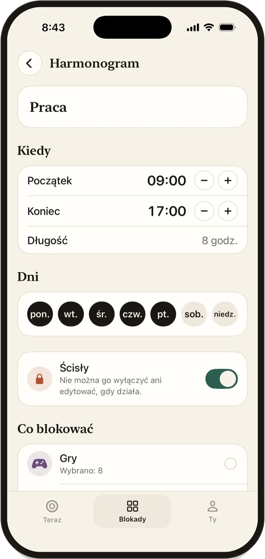 Edytor harmonogramu w Stillock z godziną rozpoczęcia i zakończenia oraz dniami tygodnia.
