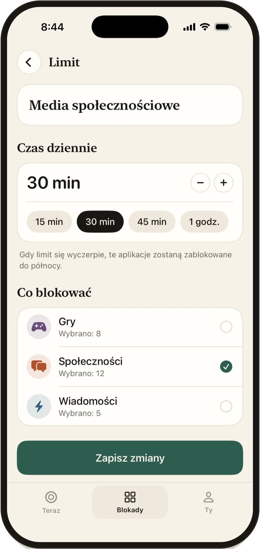 Edytor limitu dziennego w Stillock ustawiony na 30 minut.