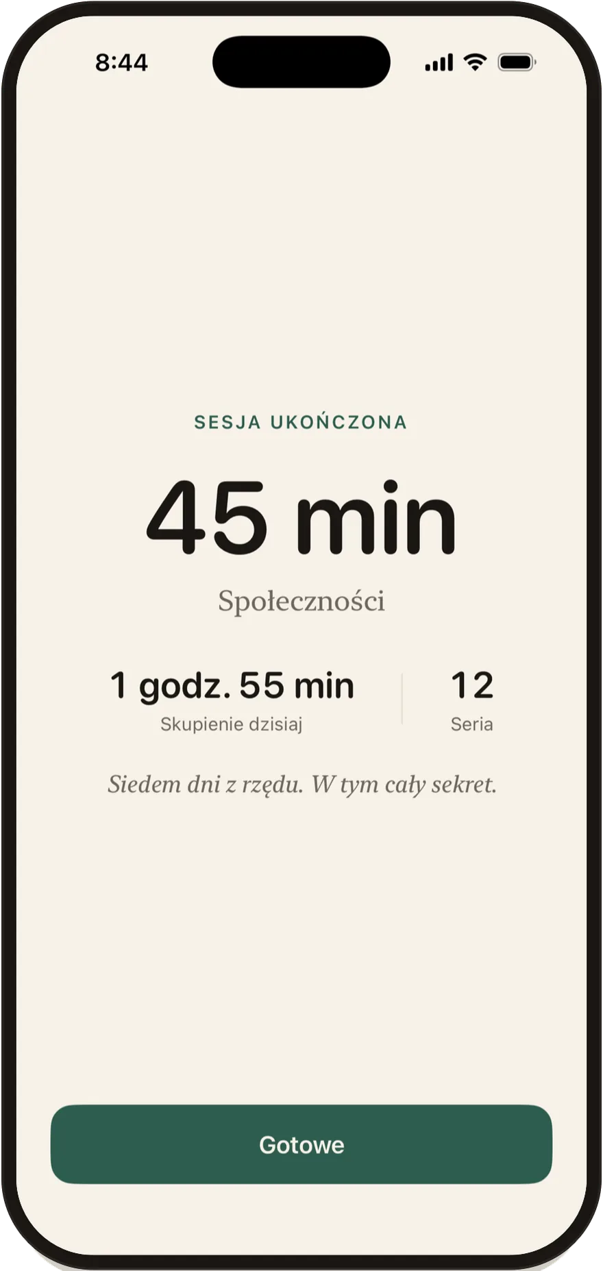 Ekran ukończenia sesji w Stillock pokazujący 45-minutową sesję.