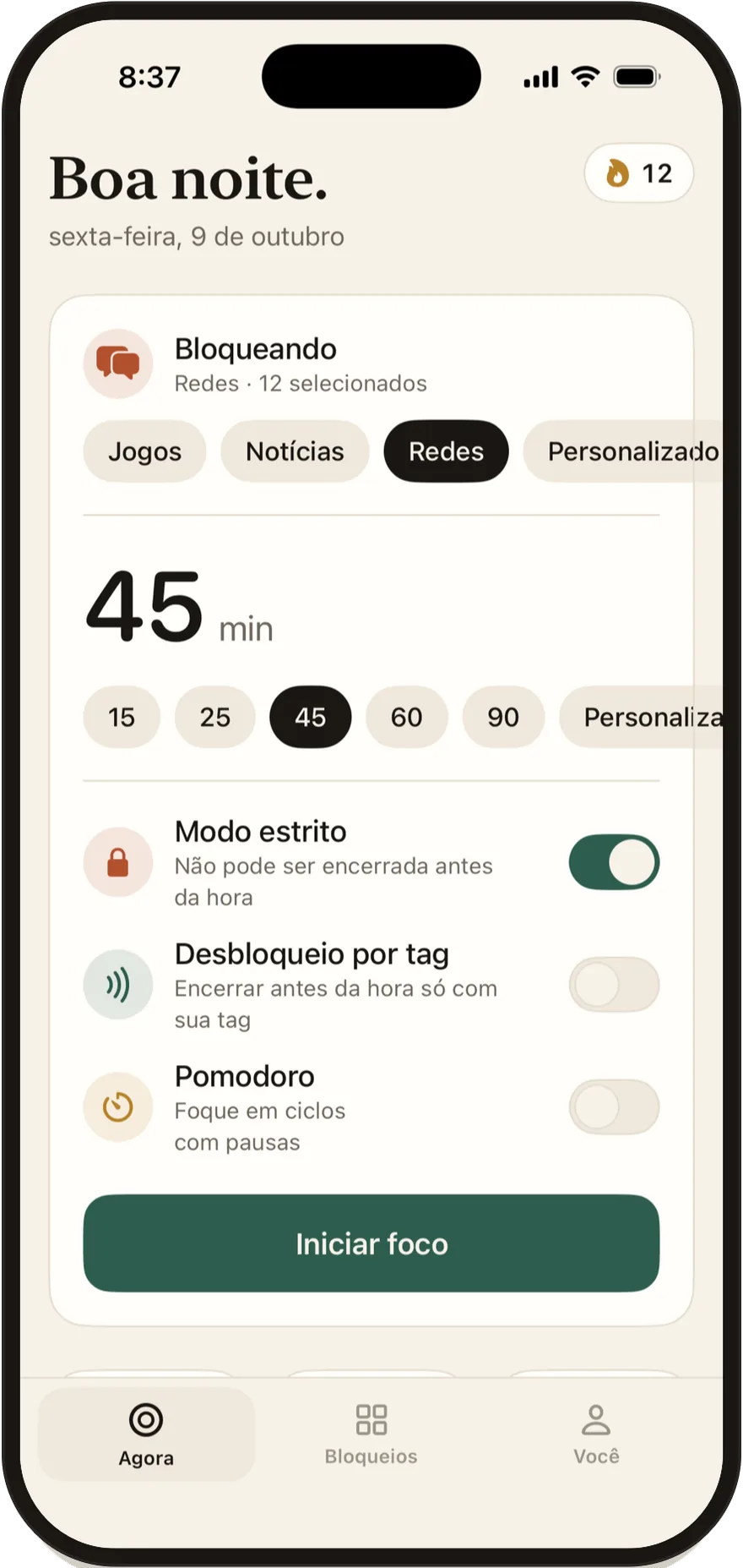 Tela para iniciar uma sessão no Stillock, com os botões de modo estrito, Desbloqueio por tag e Pomodoro.