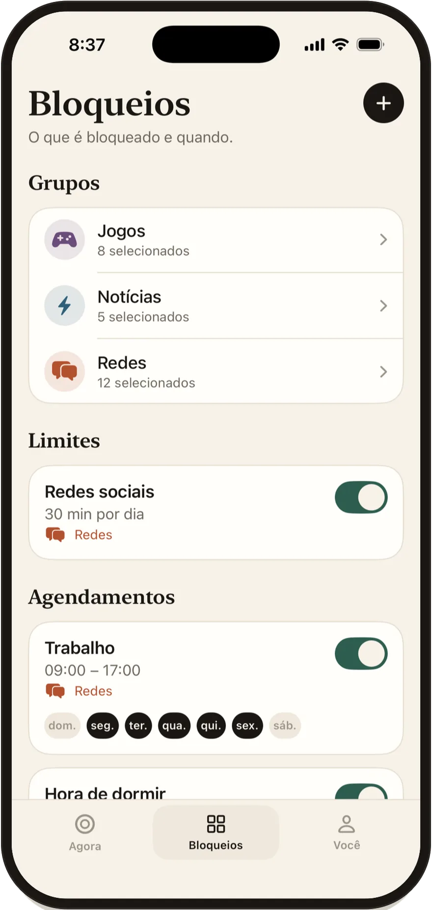 Tela Bloqueios do Stillock com a lista de grupos, limites e agendamentos.