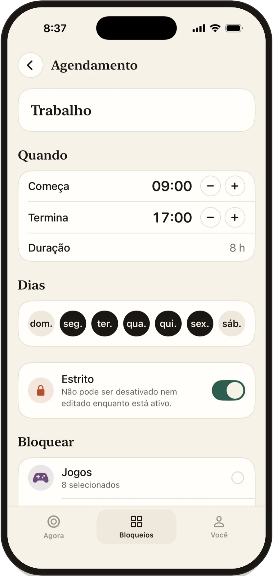 Editor de agendamentos do Stillock com horário de início e de fim e os dias da semana.