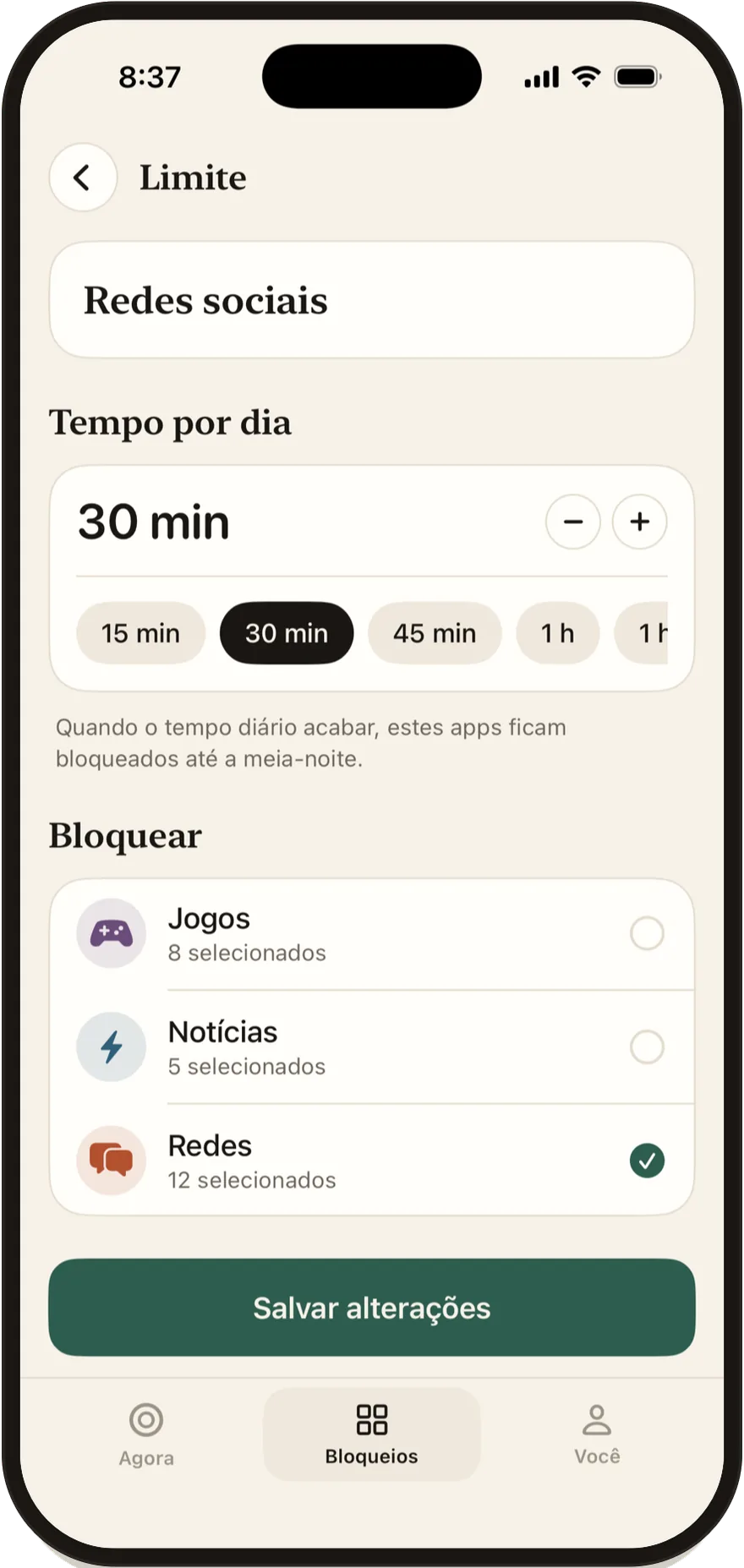 Editor de limite diário do Stillock definido em 30 minutos.