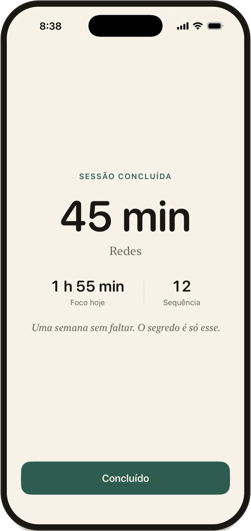Tela de sessão concluída do Stillock mostrando uma sessão de 45 minutos.