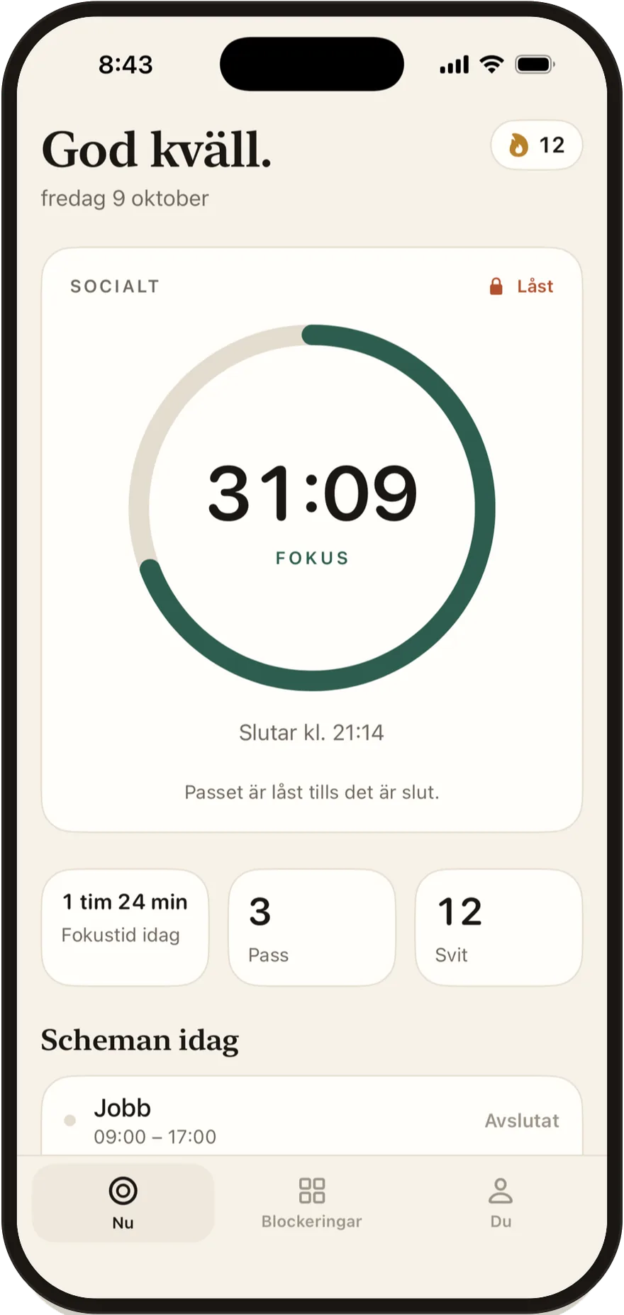 Stillock på iPhone: ett fokuspass med 30 minuter kvar och de sociala apparna låsta.